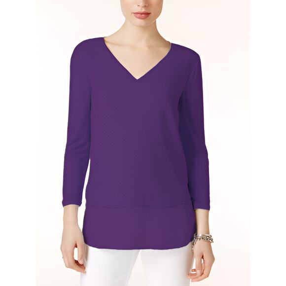 Michael Kors MK Layered-Look V-Neck 3/4 Sleeve Top Blouse Purple Size M - Picture 1 of 10
